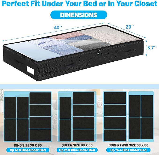 4 Inch Low Profile Under Bed Storage Drawer 2 Pack, Lightweight Underbed Clothes Storage Container Bins With NO STURCTURE, Shallow Storage Bag for Dorm & Home, With Clear Lids & Water-Resistant Fabric