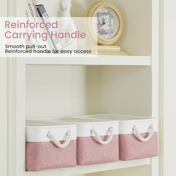 Storage Baskets for Shelves 13.8x9.8x6.7 Inch, Foldable Fabric Storage Bins with Handles, Small Storage Baskets for Organizing Closet, Office, Home Organization (1-Pack, White&Pink)
