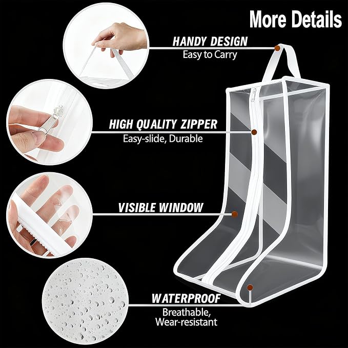 Clear Boot Bags for Cowboy Boots Tall Boot Storage Organizer with Handle Transparent Shoe Dust Covers for Travel Riding Leather & Snow Boots (White-2ig)