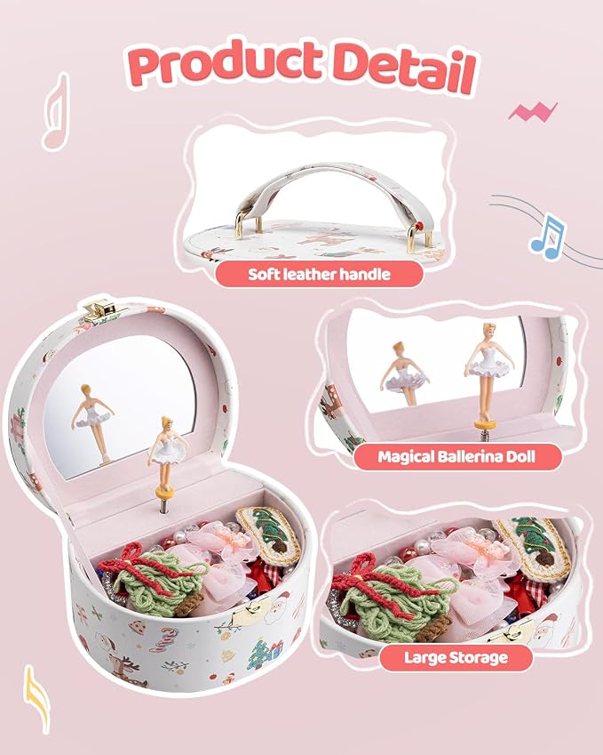 VLANDO 2Pcs Gifts for Girl, Musical Jewelry Box for Girls, Small Kid Music Box with Ballerina for Party Bedroom Decor, Gifts for Girls Kids - Christmas White