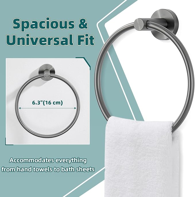 APLusee Gunmetal Gray Towel Ring, 304 Stainless Steel Rustproof Towel Holder for Bathroom Wall Mounted, Easy to Install