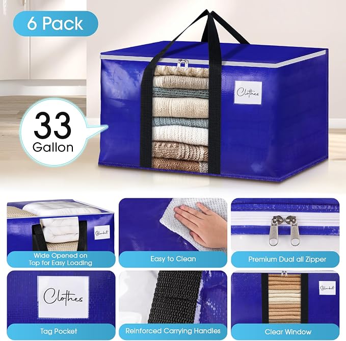 BlissTotes 6 Pack Moving Bags with Clear Window, Storage Bags with Strong Carrying Handles & Zippers,Large Packing Bags for Saving Space, Alternative to Moving Boxes(Blue,33 Gallon)