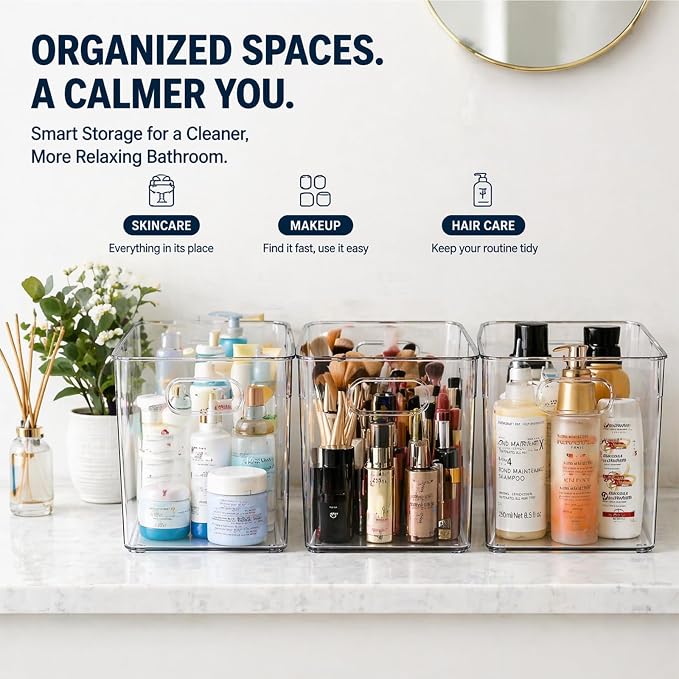MOONEDGE Clear Plastic Storage Organizer Bins for Home Organization | Clear Bins for Organizing, Pantry Organizers and Storage, Kitchen, Fridge, Bathroom, Cabinet, Closet, Under-Sink, Laundry