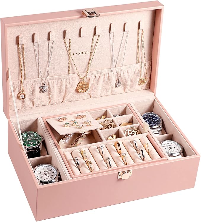 LANDICI Jewelry Box Organizer for Women, 2 Layer 4 Slot Watch Storage Case with Removable Tray, PU Leather Large Jewellery Holder Display for Watches Sunglasses Rings Earrings Necklace, Pink