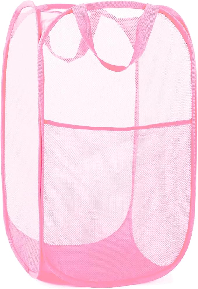 Durable Collapsible Laundry Baskets - Reinforced Mesh Pop Up Laundry Hamper with Side Pocket, Foldable Clothes Storage Hamper with Carry Handles for Laundry, Bathroom, Kids Room, Dorm or Travel Pink