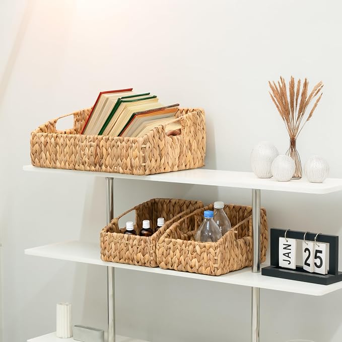 KOKODO Rectangular Wicker Storage Baskets for Shelves, Set of 3 Water Hyacinth Woven Bins with Handles, Open Front Pantry Shelf Organizer for Closet, Bedroom, Boho Decorative, Natural