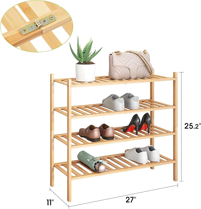 BMOSU 4-Tier Bamboo Shoe Rack Premium Stackable Shoe Shelf Storage Organizer for Hallway Closet Living Room Entryway Organizer (Natural Bamboo)