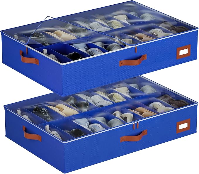 homyfort Under Bed Shoe Storage Organizer, Underbed Shoes Storage Containers, set of 2, fits up to 32 Pairs of Shoes (Blue)