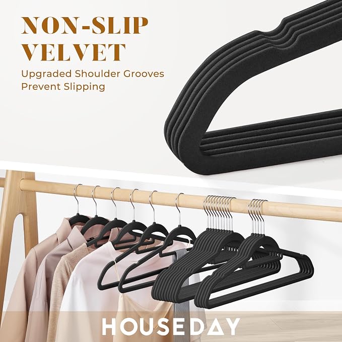 HOUSE DAY Premium Velvet Hangers 20 Pack, Non-Slip Hangers with Tie Bar | Elegance Black Standard Clothes Hanger Slim Felt Hanger with 360° Swivel Hook for Closet Organized Storage，72g/Pc