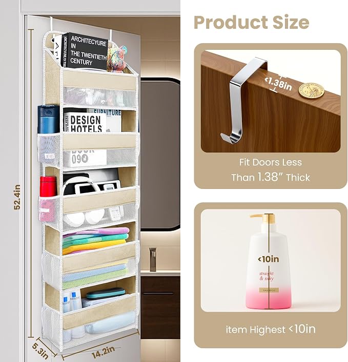 Easy Assembly Over The Door Organizer, 6 Shelves&10 Side Pockets, Heavy-Duty Reinforced Mesh Rack Holds 44lb, Hanging Behind Door Storage for Bathroom Pantry, Nursery, Closet, Shoes,Towels-Ivory White