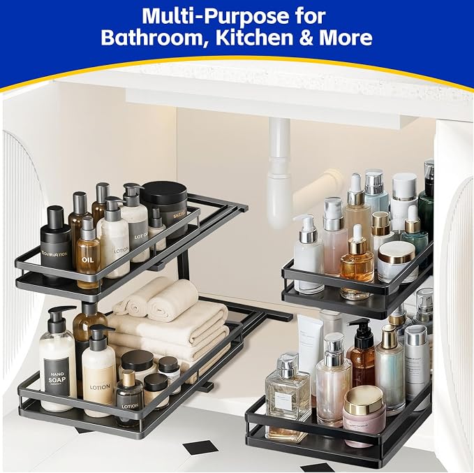 2 Pack Under Sink Organizer, 2-Tier Metal Shelf, Black | Carbon steel 2-tier set, ball-bearing slides, adjustable height, no-drill setup, for kitchen and bathroom cabinets