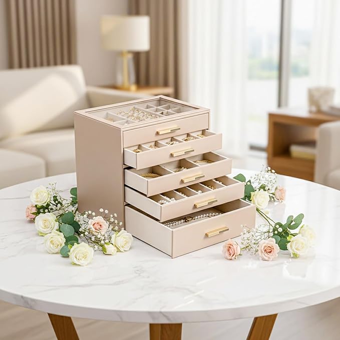 VLANDO 5-Drawer Jewelry Box with Glass Lid, Faux Leather Organizer for Rings Earrings Necklaces and More, Gift-Ready Jewelry Case for Women Girls or Moms, White