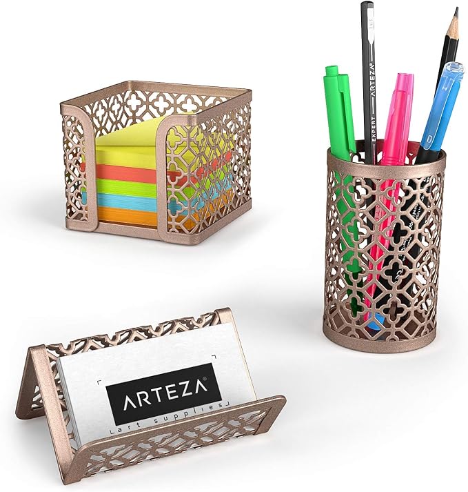 ARTEZA Desk Organizer Set, 6-Piece Rose Gold, Includes Pencil Cup, Letter Sorter, Tray, Magazine Holder, Name Card & Sticky Note Holder