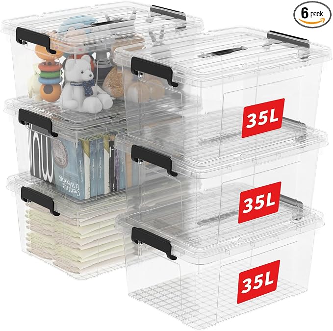 Cetomo Lidded Storage Bin with Handle, Tote Organizing Container with Durable Lid and Secure Latching Buckles, Stackable and Nestable, Plastic, 40 Quart-6 Pack, Clear