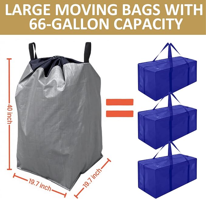 Moving Bags Heavy Duty Extra Large, 66 Gallon XL Waterproof Storage Bags with Handles, College Packing and Moving Supplies, Set of 4
