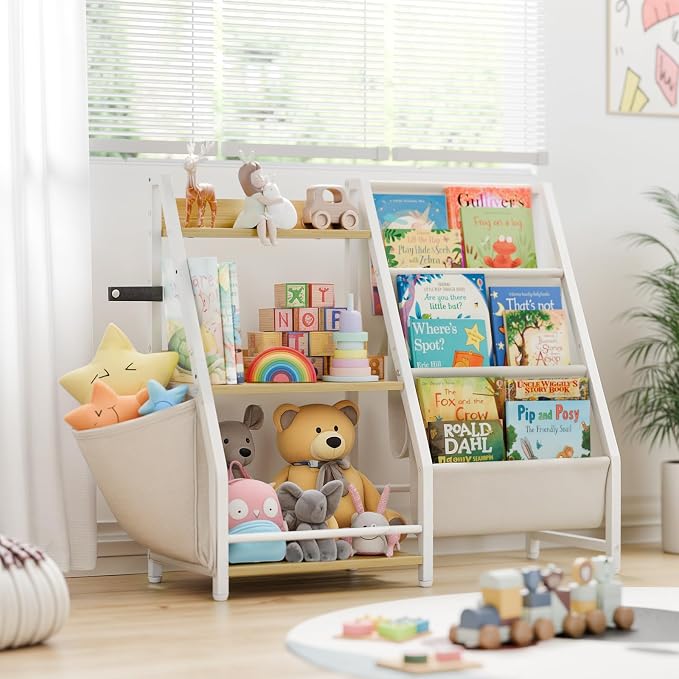 LATIBELL 3 Tier Kids Bookshelf and Toy Storage, Kids Bookcase Book Sling Shelf, Montessori Baby Toddler Bookshelf, Toy Storage Organizer, for Playroom, Bedroom, Nursery (Burlywood)