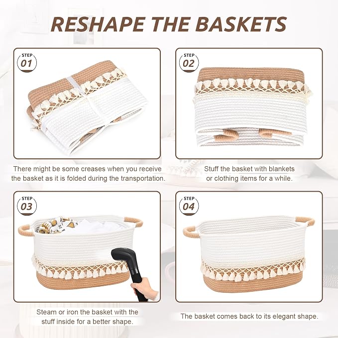 6 Pack Storage Basket for Shelves, Boho Cotton Rope Storage Bins with Heavy Tassel, Shelf Baskets Large Woven Baskets for Organizing, Cube Organizer Bins, Baby Laundry Basket for Clothes, Toys, Pets
