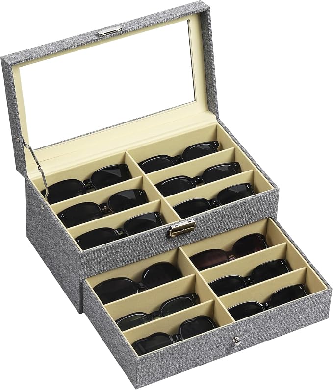 AUTOARK Linen Eyeglasses Storage Case Organizer,12 Piece,Grey,AW-096 | Sunglass Display, Drawer Lockable