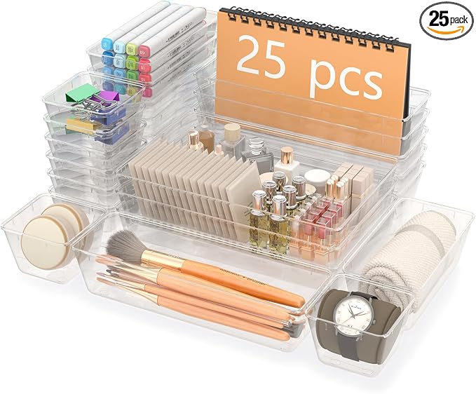 Yanosaku 25 PCS Clear Plastic Drawer Organizer Set, 4 Sizes Vanity Organizers, Desk Drawer Divider Organizers and Storage Bins for Makeup, Jewelry, Gadgets for Kitchen, Bathroom, Office