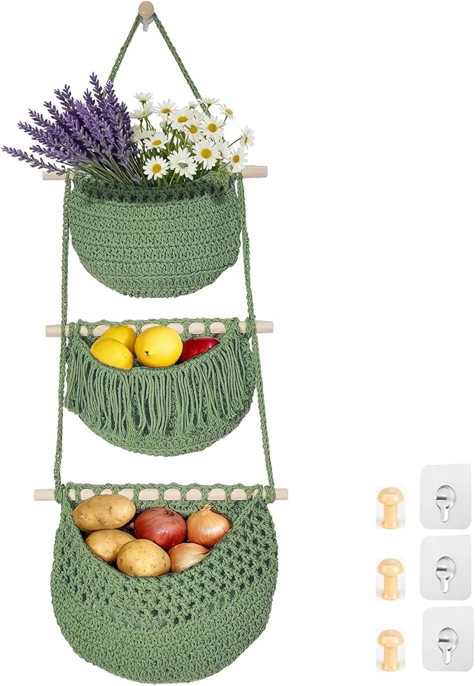 Halidali 3 Tier Hanging Fruit Baskets for Kitchen, Boho Cotton Rope Handwoven Vegetable Hammock Produce Storage Wall Mounted Large Organizing Basket for Farmhouse Decor, Onion, Potato (Green)