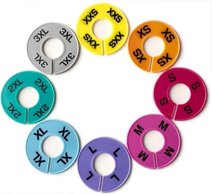 Set of Colored Clothing Round Rack Size Dividers (XXS - 3XL) Various Quantities Available (24)
