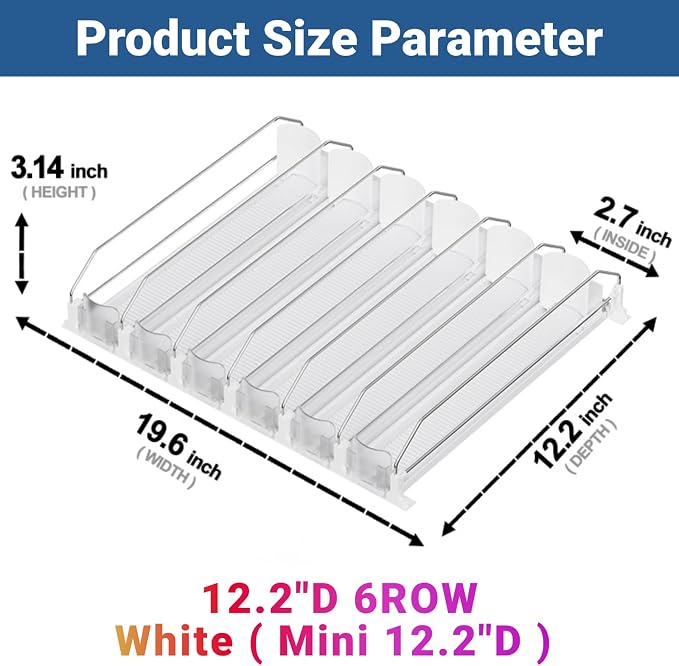 Drink Organizer for Mini Fridge (Fits Depth ≥ 12.2"), 12oz 16oz 20oz Soda Can Dispenser, Width Adjustable Automatic Pusher Glide, 12.2" D 6ROW Holds 24 Cans, White