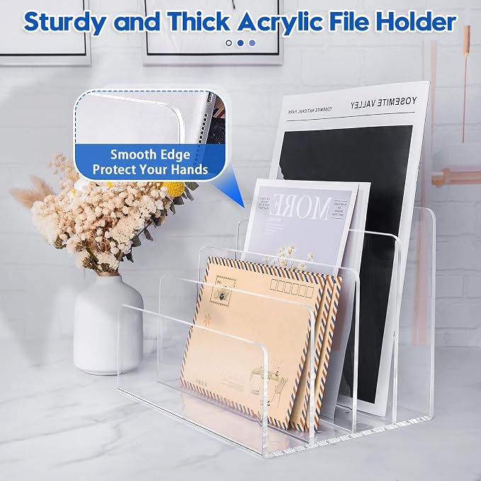 2PCS Clear Acrylic File Organizer for Desk, 4 Section Acrylic Desk Organizer and Accessories, Acrylic File Folder Holder Sorter, Office Supplies for Mail Letter Paper Electronic