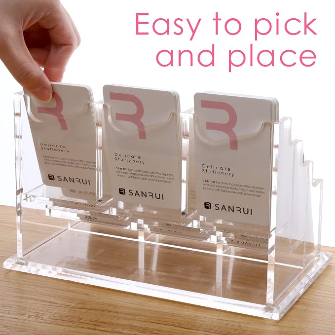SANRUI Vertical Business Card Holder for Desk，Clear Acrylic Business Card Display Stand，9 Slots 3 Tier ，Holds 450 Cards