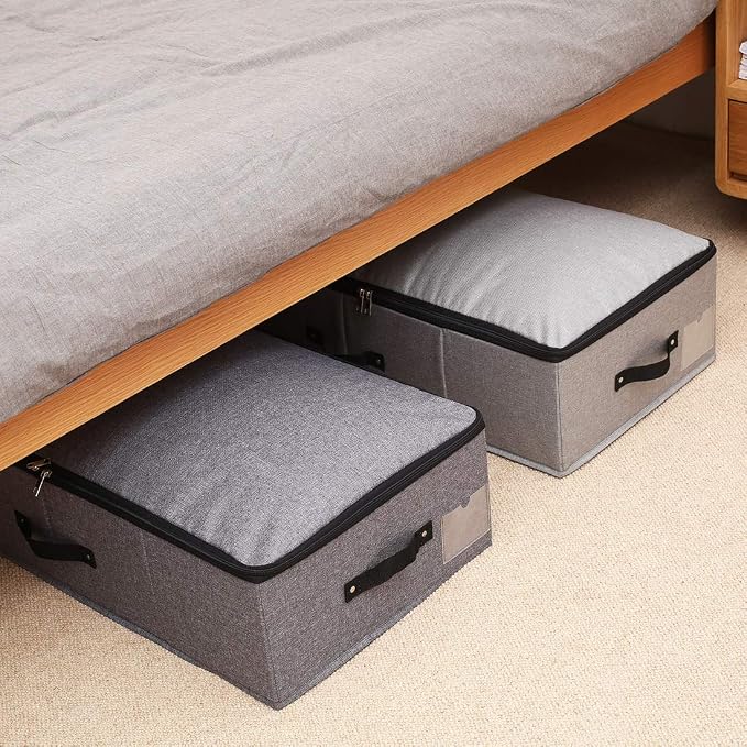 AMJ 29.5"*15"*7", Rigid Under Bed Garment Storage Bins, Folding & Washable, Soft Zip Lid, Black Gray