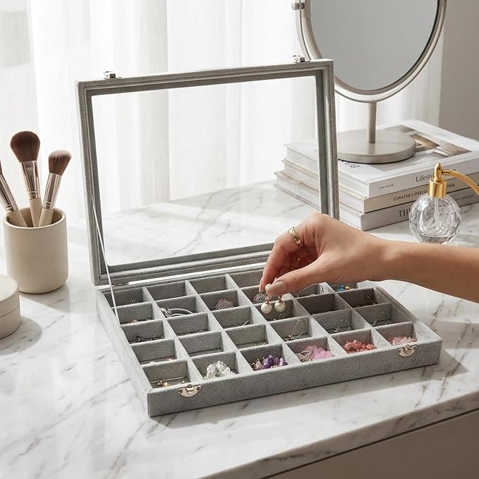 Stratalife 30 Grid Earring Organizer: Jewelry Holder Organizer Box with Clear Glass Lid, Velvet Jewelry Storage for Studs, Earrings, Rings, Necklace with Removable Dividers for Dresser, Grey