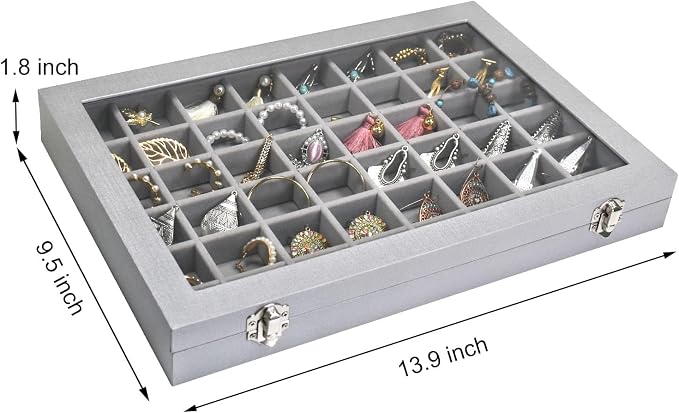 Siveit Jewelry Tray Organizer Box 48 Grid Jewelry Display Organizer Box with Transparent Lid Rings Earrings Necklaces Pendants Display Box Suitable for Women and Girls (48 Grid, Silver Grey)