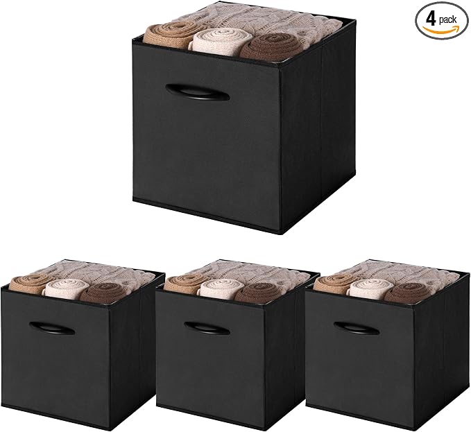 WUIKE 11-Inch Black Cube Storage Bins, Leather Front, 4-Pack | Cubby Organizer Baskets with Handles for Shelves, Closets, Clothes, Toys, Towels, and Blankets