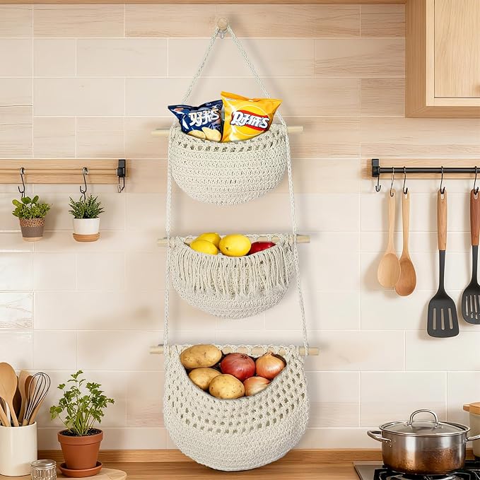 Halidali 3 Tier Hanging Fruit Baskets for Kitchen, Boho Cotton Rope Handwoven Vegetable Hammock Produce Storage Wall Mounted Large Organizing Basket for Farmhouse Decor, Onion, Potato (White)
