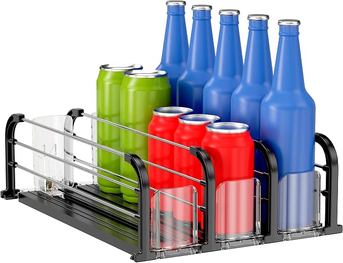 Automatic Fridge Drink Organizer, Refrigerator Soda Can Dispenser & Beverage Pusher Glide for Pantry, Cooler & Kitchen, Self-Pushing Drink Holder for Soda, Beer, Seltzer - Black, 3 Rows-15 D