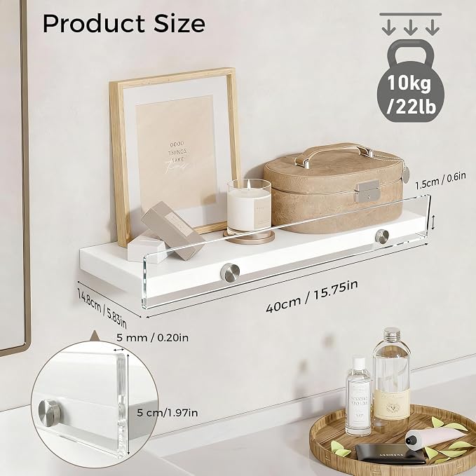 3-Pack Floating Shelves with Acrylic Anti-Fall Lip, Modern Wall Mounted Display Ledges for Bedroom, Bathroom Kitchen, Heavy-Duty Decor Storage Racks, Easy 5-Minute Install,15-inch Clear Sleek Design