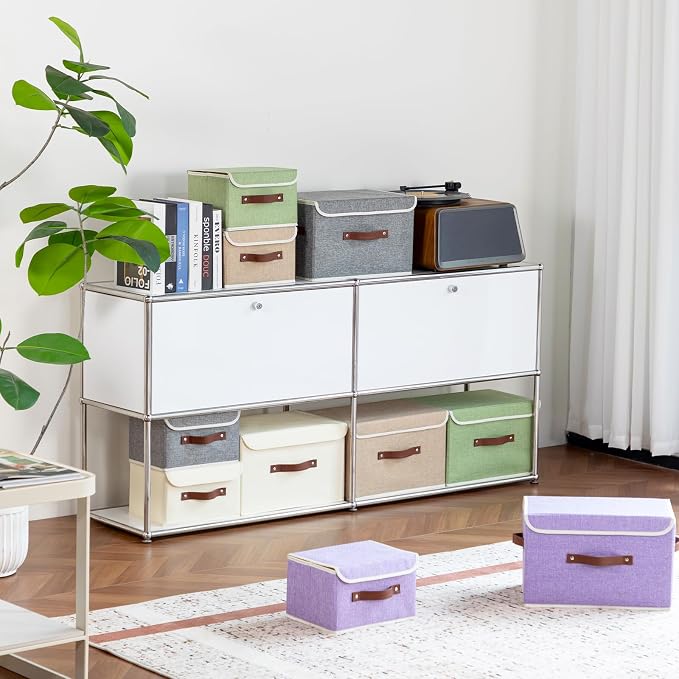 2PCS Collapsible Storage Boxes Baskets with Lid Cotton Linen Fabric Storage Bins with Faux Leather Handles Washable Cube Organizer Container for Home Closet Bedroom (Linen, Small Size)