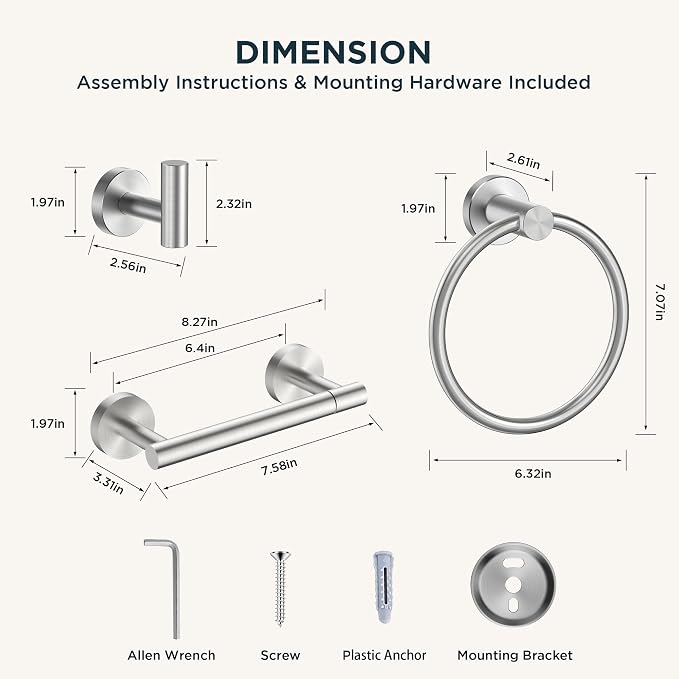 FORIOUS 4 Piece Bathroom Accessories, SUS304 Stainless Steel Toilet Paper Holder, Towel Ring and 2 Towel Hooks, Wall Mounted Bathroom Hardware Set (Brushed Nickel,Double Post Pivoting)