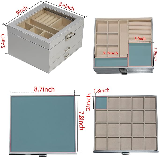 BOOVO Clear Lid Jewelry Box,3 Layers Jewelry Organizer Large Jewelry Storage Box with 2 Drawers,Jewelry Holder Organzier of Rings Earrings Necklace Bracelets for Women (Grey, 3 Layer)