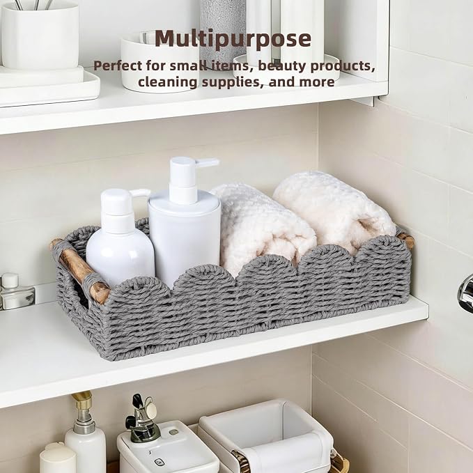 CubesLand Bathroom Basket Organizer w/Cut Out Handle, Back of Toilet Paper Storage Baskets Tray for Bathroom Countertop Decorative, Scalloped Wicker Basket Also for Home Decor, Living Room, Grey