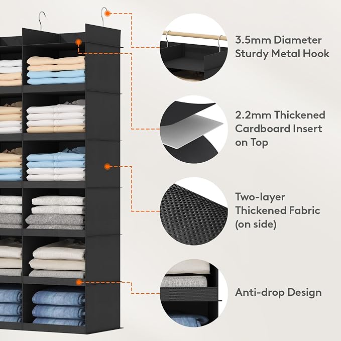 Lifewit Dual-Row Shelf Hanging Closet Organizer and Storage, Clothes Shelves with 3 Sturdy Hooks for Clothing Organization, Foldable Container Hold Up to 36 Sweaters, 6 Tier 12 Sections, Black