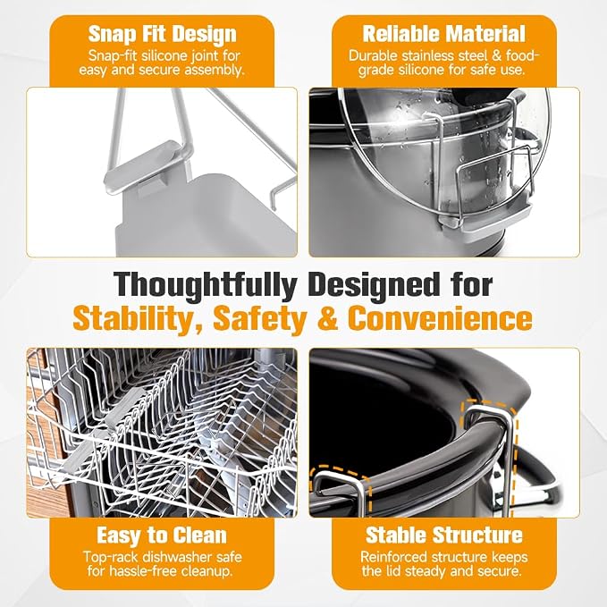 SOPHICO Crock Pot Lid Holder for Most Slow Cookers, Grey, 2 Pack | Mess-Free & Hands-Free Pot Lid Organizer while Cooking, Keeps Countertop No Mess, Stainless Steel Rack with Silicone Sink