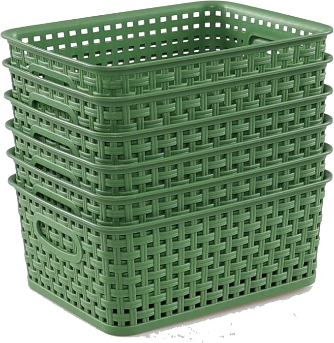 Plastic Woven Storage Baskets, Rectangle Kitchen Organizer Bin, 6 Packs