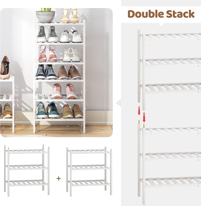 Bamboo Shoe Rack Stackable Shoe Shelf Storage Organizer for Unit Entryway Hallway and Closet Sturdy Freestanding Small Shoe Shelf(3S Tier White)