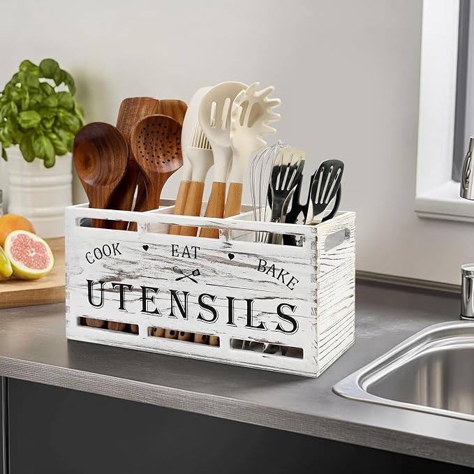 White Cooking Kitchen Utensils Holder Large Wooden Spoon Spatula Holders | Big Wood Utensil Organizer Farmhouse Wooden Utensil Caddy Rustic Spoon Holder Countertop Kitchen Tools Decor Utensil Crocks