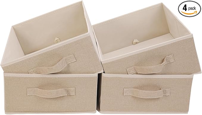 JAKAGO Fabric Storage Bins set of 4 Rectangle Storage Baskets with Handle Foldable Closet Organizer for Clothes Towel bedding Books Collapsible Clothing Container for Shelves Bedroom(Beige Low)