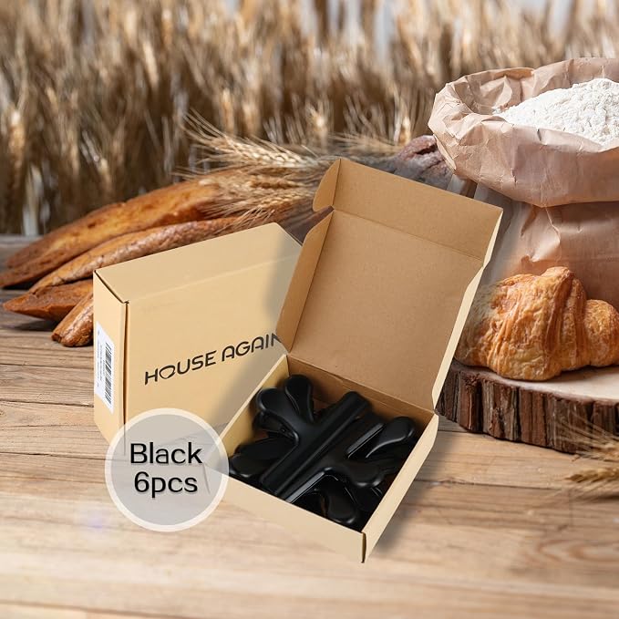 HOUSE AGAIN 6 Pack Stainless Steel Large Chip Bag Clips Covered with Silicone - NO More Sharp Edges - Color Coded for Food Bags - Air Tight Seal, Heavy Duty for Kitchen and Office, 5 Inches-Black