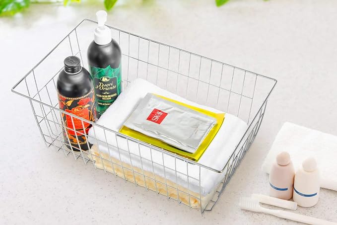 Freezer Wire Storage Baskets,Farmhouse Organizer Storage Bins Large Organizer Bins for Laundry Room, Closets, Garage, Office, Bathroom, Pantry Organization Storage Bins -Set of 2 (Chrome)