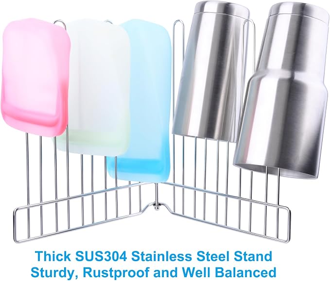 Reusable Drying Rack, Foldable Freezer Bag Dryer, SUS304 Stainless Steel Stand for Gallon, Quart, Sandwich, Snack Bags