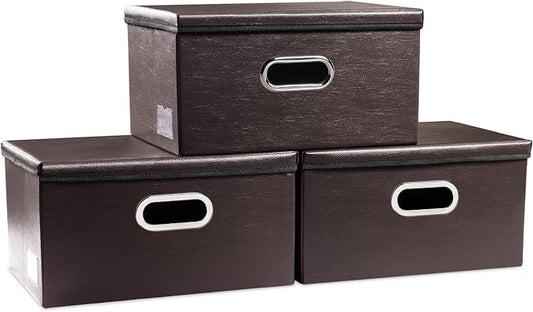 PRANDOM Collapsible Storage Box with Lid [3-Pack] Leather Fabric Foldable Storage Bin Organizer Container Basket Cube with Cover for Home Bedroom Closet Office Nursery Brown(13.6x9.6x6.9)