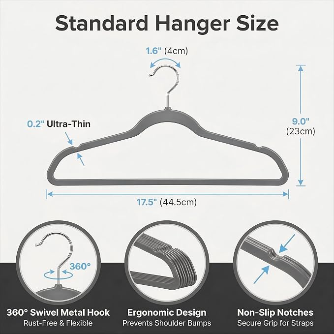 HOUSE DAY Grey Plastic Hangers 100 Pack, Ultra-Thin Heavy Duty Non-Velvet | Hangers with 360° Swivel Hook & Non Slip Notches - Slim Space Saving Clothes Hangers Ideal for Dresses Coats Shirts Jackets